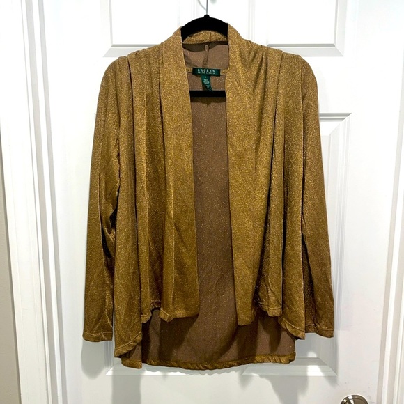 Lauren Ralph Lauren Gold Metallic Shimmer Open Front Cardigan Large shawl - Picture 9 of 9